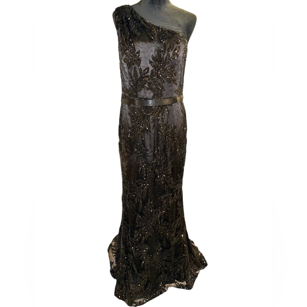 Galina Signature Formal One Shoulder Beaded Appliqué Mermaid Gown, Size 12